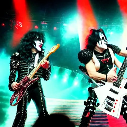 Image similar to photograph of the band kiss playing on - stage in concert