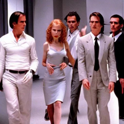 Prompt: Nicole Kidman, Tom Cruise, Johnny Depp, Anne Hathaway, Emmanuel Macron in American Psycho (1999)