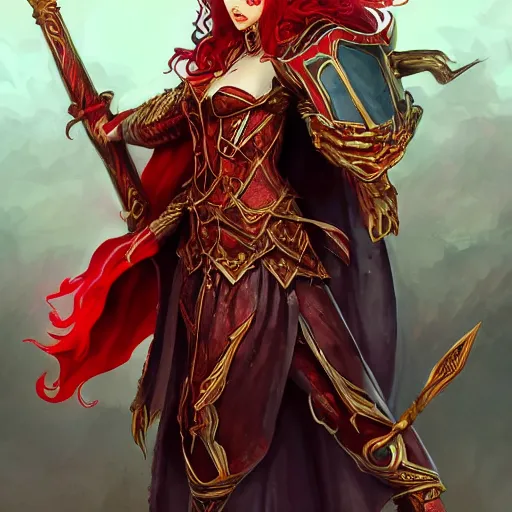 Image similar to a female elven cleric with red long hair, very good beautiful heavy scale armor, wearing a cape, casting a fire spell, dungeon background, magical, bright, colorful, fantastic lighting, amazing details, 4 k uhd, illustration by stephanie brown and mingchen shen and ilya kuvshinov, artstation, pixiv, concept art,