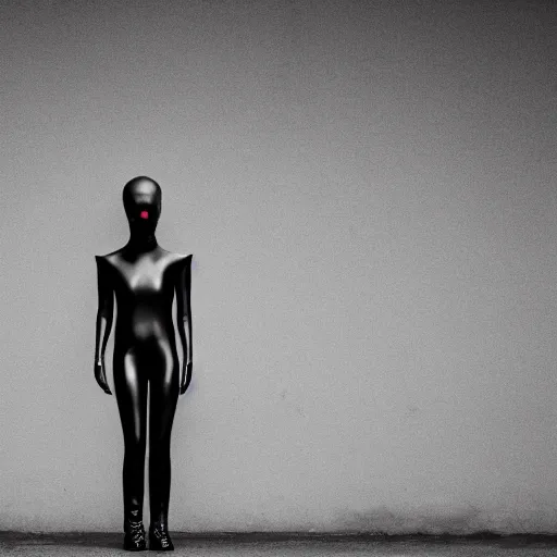 Prompt: fashion photography of a genderless deformed alien model, wearing a black catsuit, full body, photo 3 5 mm leica, hyperdetail, berghain, 8 k, very detailed, black and white