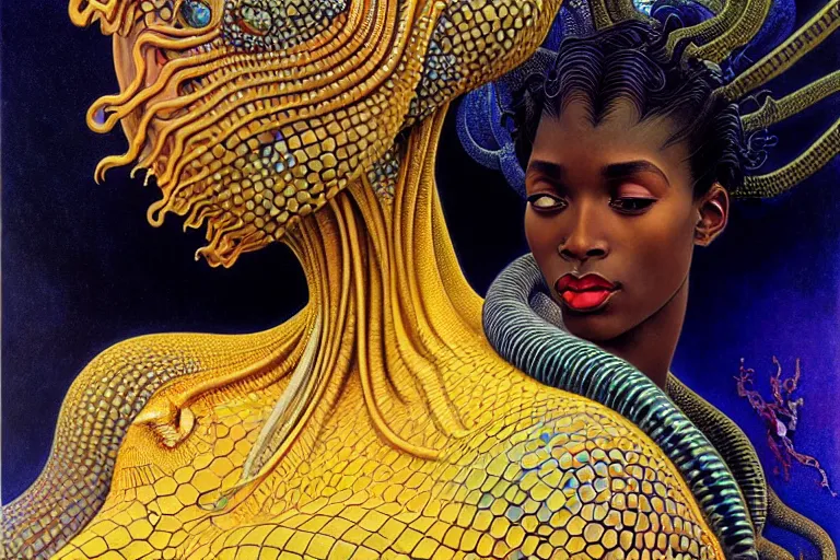 Image similar to realistic extremely detailed closeup portrait painting of a beautiful black woman wearing futuristic dress, mutant dragon on background by Jean Delville, Amano, Yves Tanguy, Alphonse Mucha, Ernst Haeckel, Edward Robert Hughes, Roger Dean, rich moody colours