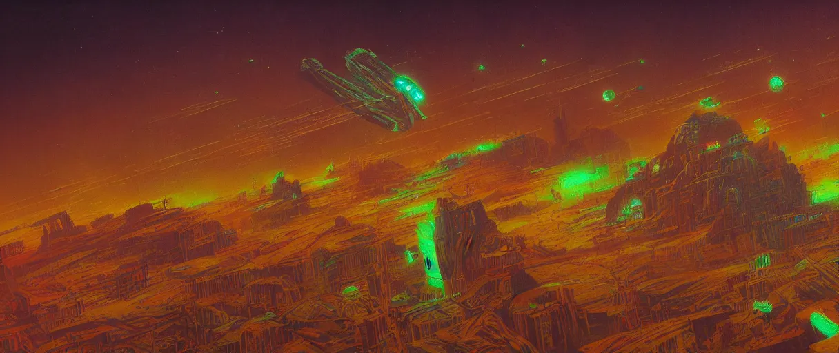 Image similar to (((neon palette))), humanity industrial!!! spaceship!!, deep space exploration!!!, ridley scott universe, mysterious, illustrative!!, apparent brush strokes, hyperdetailed, outline sketch, cinematic lighting, 4k, wide angle, trending on artstation, beksinski, by moebius