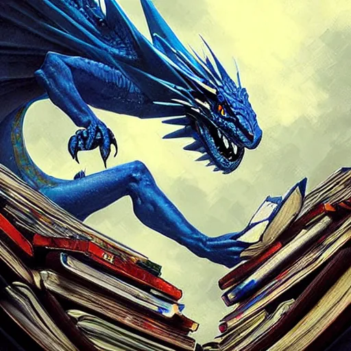 Image similar to blue dragon sitting on a hoard of books, fantasy, dnd, art by greg rutkowski