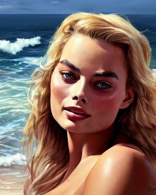 Image similar to margot robbie wearing a christmas bikini on the beach, realistic face, beautiful eyes, digital painting, highly detailed, intricate, in the style of greg rutkowski
