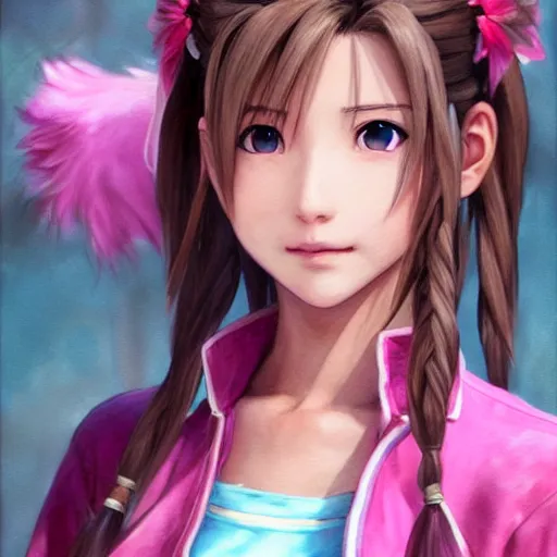 Prompt: portrait of aerith!!!!!!!!! from final fantasy vii, smiling peacefully, wearing a pink vest, water - color painting by amano yoshitaka, ultra realistic, highly detailed, sharp focus, cinematic lighting, mood lighting, realistic, vivid colors, painting, photorealistic, digital art, non blurry, sharp, smooth, illustration