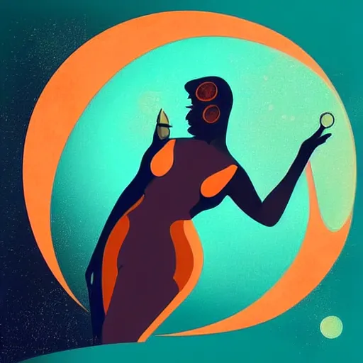 Prompt: “a 1950’s voluptuous beautiful woman with brown hair in a futuristic city made of glass, stars and moon. It is art deco style, 1950’s, glowing highlights, teal palette, Horror, dramatic, simple shapes, solid colours, vector”