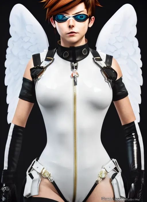 Image similar to portrait bust digital artwork of tracer overwatch, wearing white iridescent rainbow latex and leather straps catsuit outfit, 4 k, expressive happy smug expression, makeup, in style of mark arian, angel wings, wearing detailed black leather collar collar collar collar, chains, black leather harness, detailed face and eyes,