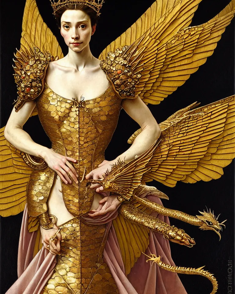 Image similar to portrait of a beautiful queen in winged golden armor decorated by opal stone, with a little dragon on her shoulder, full-length, oil painting in a renaissance style , very detailed, out of focus background, painted by Caravaggio, Greg rutkowski, Sachin Teng, Thomas Kindkade, Alphonse Mucha, Norman Rockwell, Tom Bagshaw