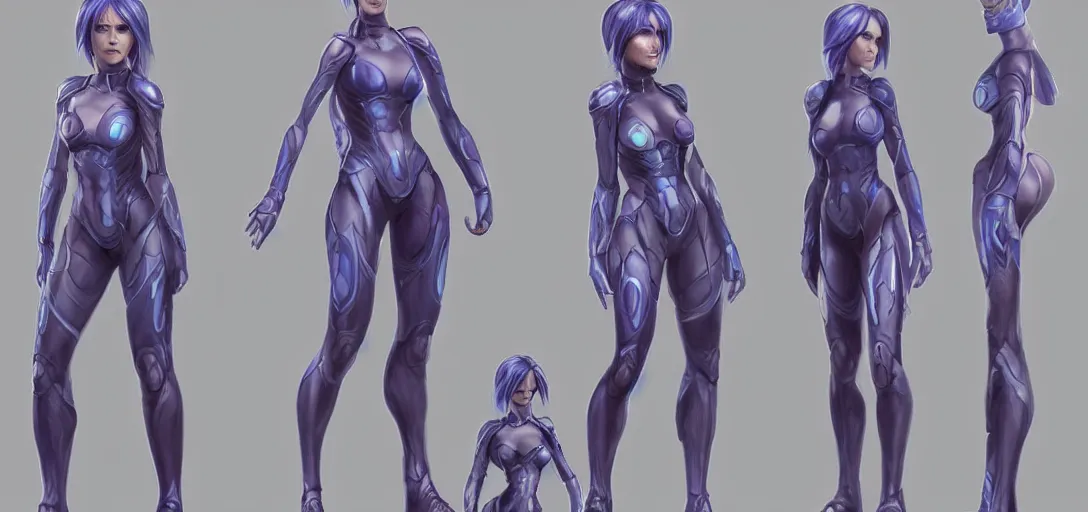 Image similar to character sheet concept art of cortana, realistic, hyper realistic, photographic, costume, by marc brunet and artgerm