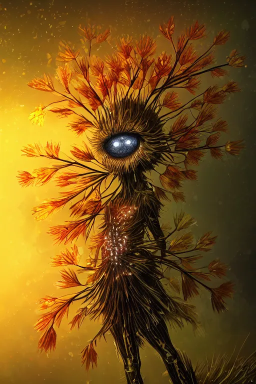 Image similar to a humanoid figure glowing dandelion plant monster, amber eyes, highly detailed, digital art, sharp focus, ambient lighting, autumn colours, trending on art station, anime art style