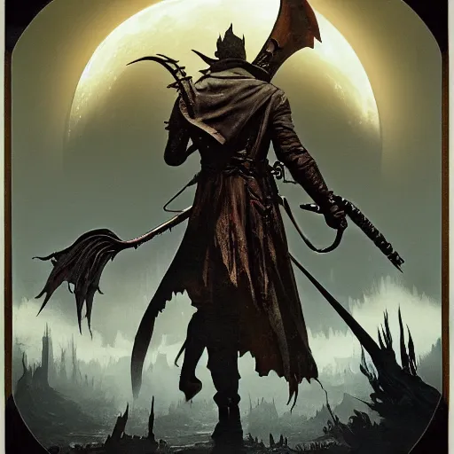 Image similar to an ultra detailed vector image of the hunter from bloodborne fighting a big daddy, concept art by alphonse mucha and greg rutkowski, scary shadows, blood moon eclipse, polaroid octane render, laminal space