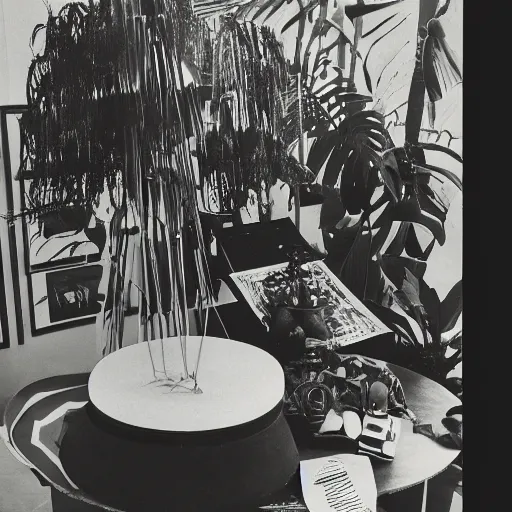 Image similar to A black and white photography of an exhibition space with objects of Sun Ra, Marcel Duchamp and tropical plants, 60s, offset lithography print, close up shot