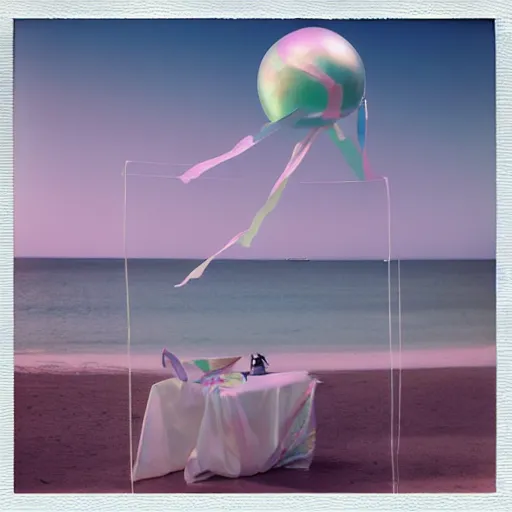 Prompt: a pastel colour high fidelity Polaroid art photo from a holiday album at a seaside with abstract inflatable parachute furniture ((and some spheres)), all objects made of transparent iridescent Perspex and metallic silver, no people, iridescence, nostalgic