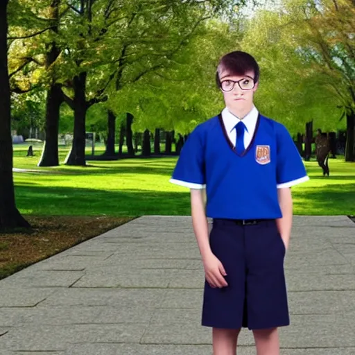 Prompt: a realistic fullbody photograph of a nerdy school boy in a park, school uniform
