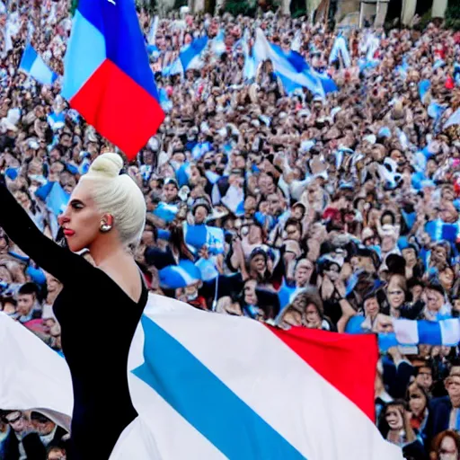 Image similar to Lady Gaga as president, Argentina presidential rally, Argentine flags behind, bokeh, giving a speech, detailed face, Argentina