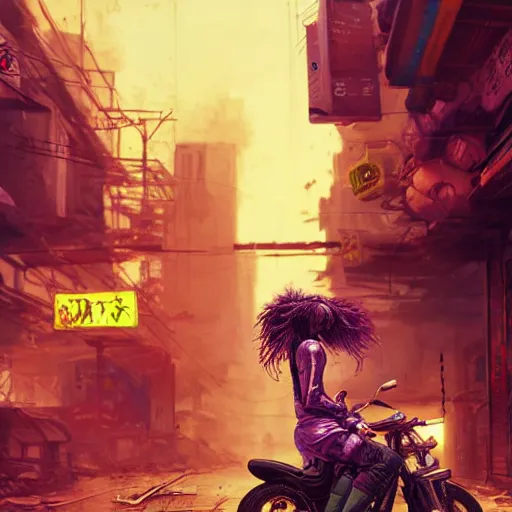 Image similar to portrait painting of a street samurai with long purple hair riding a motorcycle through a burning cyberpunk slum, glitchwave, ultra realistic, concept art, intricate details, eerie, highly detailed, photorealistic, octane render, 8 k, unreal engine. art by artgerm and greg rutkowski