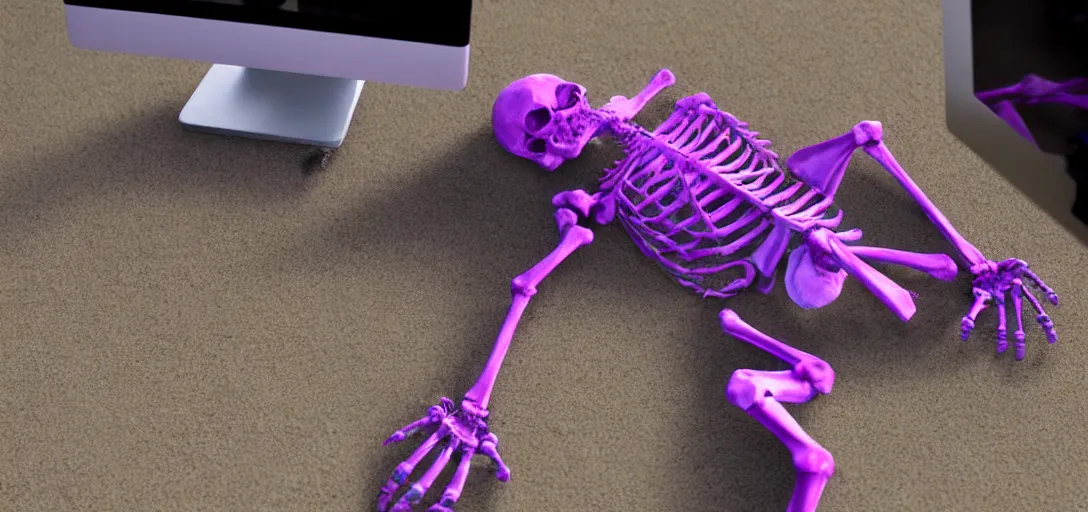 Prompt: the skeleton lies on the ground in front of the computer, magenta and blue