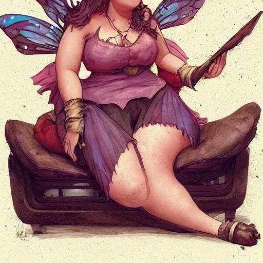 Image similar to a very fat fairy sitting on a messy couch in a messy room, burping because she ate too much pizza, fantasy art, illustration, amazing detail, in the style of greg rutkowski, artgerm, cgsociety