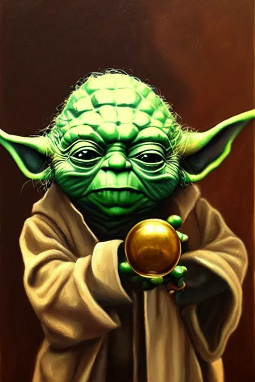 Prompt: old oil painting of a yoda holding a round bell, trending on artstation