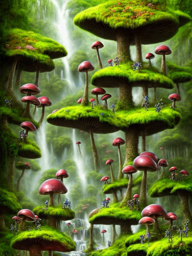 Image similar to future robot android primate in forrest of giant mushrooms, moss and flowers stone bridge waterfall. muted colors. by jean james mccarthy. by tim white. in the style of raffaello ossola. highly detailed. award winning. trending on artstation