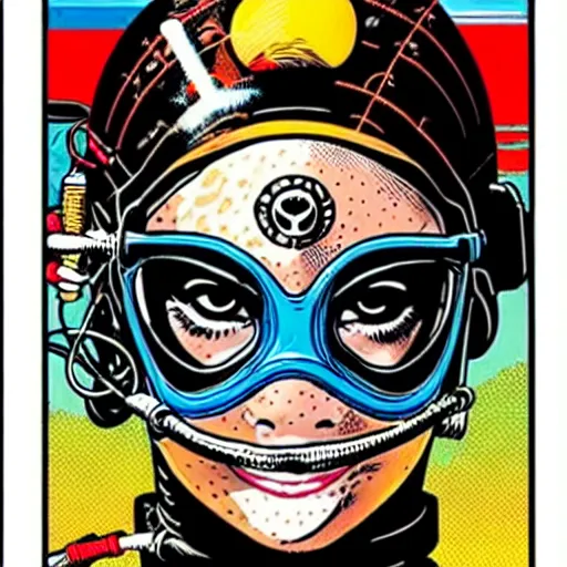 Image similar to tarot card of portrait of a female diver with a oxygen mask intricate detailed mask with front profile by MARVEL comics and Sandra Chevrier