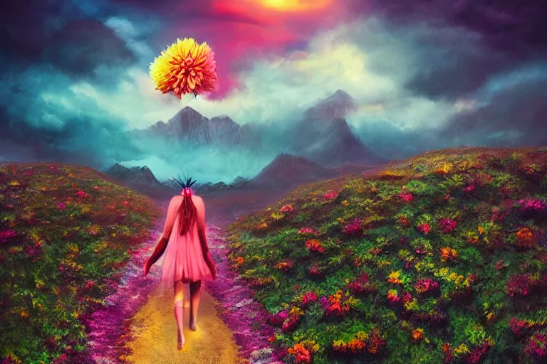 Image similar to giant dahlia flower crown under head, girl walking on mountain, surreal photography, colorful storm clouds, dramatic sunset, impressionist painting, digital painting, artstation, simon stalenhag