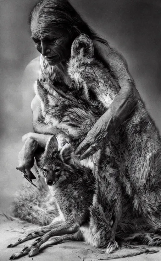 Image similar to Award winning Editorial photo of a Iroquois Native petting a wild coyote by Edward Sherriff Curtis and Lee Jeffries, 85mm ND 5, perfect lighting, gelatin silver process