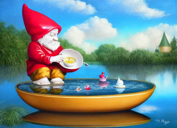 Image similar to a garden gnome sailing in a teacup, whimsical background of a reflective pond on a sunny day with dramatic clouds, an ultrafine detailed painting by mark ryden, trending on deviantart, pop surrealism, whimsical, lowbrow, joyous