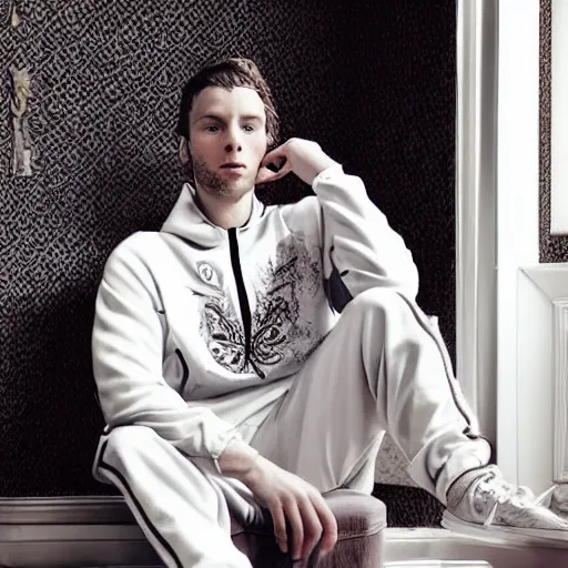 Image similar to Young white Almighty God, wearing tracksuit sitting in armchair in poor european apartment. Perfect composition. Digital art, in style of Buanarotti painting, intricate stunning texture and details, fine detailed face. Dramatic lighting