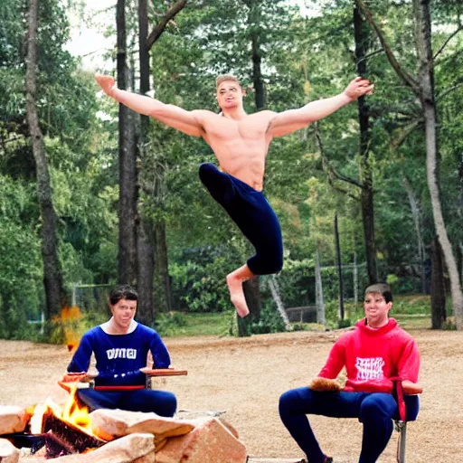 Image similar to male college gymnasts performing stunts around a campfire