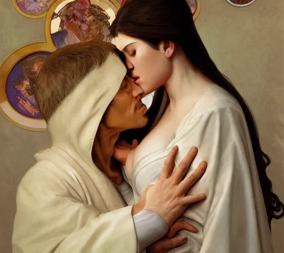 Image similar to photography of a pope kissing the breast of a sensual woman, deep focus, intricate, elegant, highly detailed, digital painting, artstation, concept art, matte, sharp focus, illustration, art by artgerm and greg rutkowski and alphonse mucha