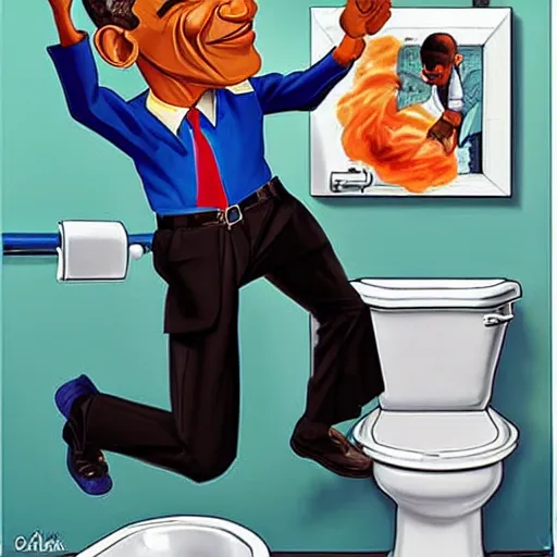 Image similar to obama the plumber, fixing a toilet, in the style of dave macdowell