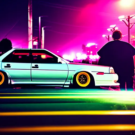 Image similar to a car JZX100 at illegal car meet, Saitama prefecture, city sunset mist neon lights, cinematic color, photorealistic, highly detailed, 200MM