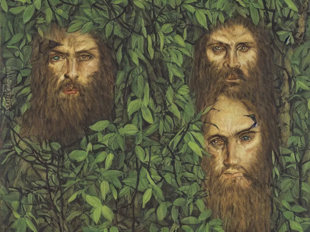 Image similar to Portrait of wild, primitive, cruel green-eyed, hairy, savage man in the dark forest. Painting by Hugo van der Goes