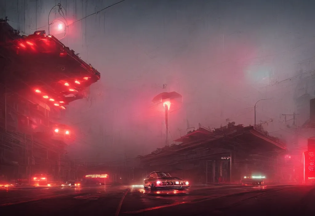 Image similar to dramatic epic stunning beautiful and insanely detailed matte painting of a foggy night with race cars and red lights, lens flares, atmospheric and vaporwave composition, digital art by Kilian Eng and Simon Stalenhag, masterpiece, fantastic, octane render, 8K HD Resolution, High quality image