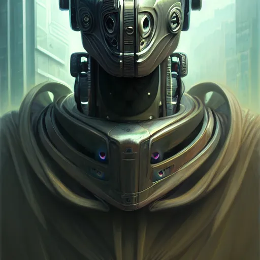 Image similar to low angle portrait shot of a cyberpunk gazmask robot character, intricate, elegant, highly detailed, centered, digital painting, artstation, concept art, smooth, sharp focus, illustration, artgerm, Tomasz Alen Kopera, Peter Mohrbacher, donato giancola, Joseph Christian Leyendecker, WLOP, Boris Vallejo