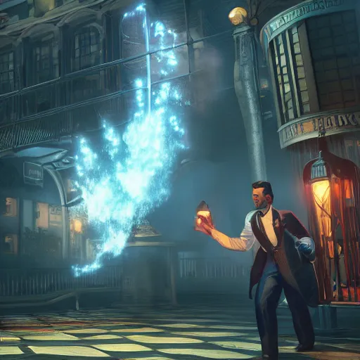Image similar to bioshock infinite as propaganda of calibrum daerganzi, justify content center, realistic content, detail content, medium long shot content, photorealistic content, 4 k, 1 5 content color, incrinate, sharp focus, wet, yellow lighting