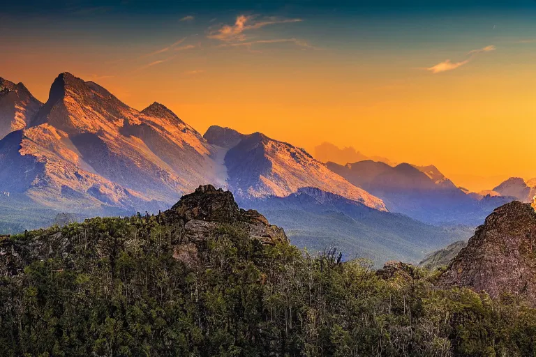Prompt: tall mountains, sunset, photograph, ultra realistic