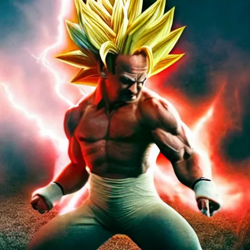 Prompt: Photo realistic live action Super Saiyan Frank Zappa vs Majin Bill Murray WWE takedown ray traced 8K anti-aliased highly detailed cinematic render award winning photography