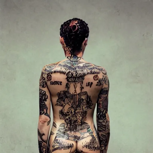 Prompt: A perfect female goddess stands for a waist up portrait with her body sightly wrapped in thin gold wire creatively arranged so as to look like tattoos, hyper photo realistic 8K HD HDRI, photo by Annie Leibovitz.