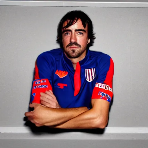 Image similar to fernando alonso wearing atletico de madrid soccer shirt