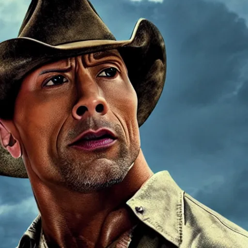 Image similar to film still , Dwayne Johnson as cowboy