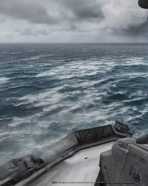 Image similar to view from an aircraft carrier of stormy seas, stormy weather, unreal engine, hyper realism, realistic shading, cinematic composition, realistic render, octane render, detailed textures, photorealistic, ultrawide shot, 16mm lens