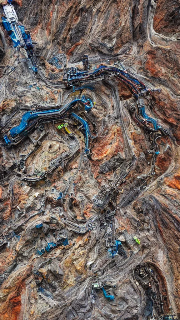 Prompt: ultra realistic macro photography of the giant magical machine embedded within the mountain, colourful sedimentary and igneous rock and marble, rock textures industrial machinery, factory machines, robotics pistons, pipes and valves, super conducters, circuitry. 8k 3D geology photograph