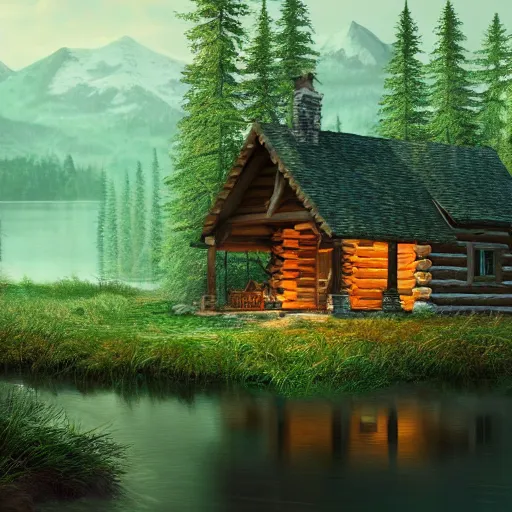 Image similar to log cabin in the woods by the lake, diffused lighting, highly detailed cinematic, epic composition, highly detailed, atmospheric, wide angle, artstation trending, warm green colors, computer art, concept art