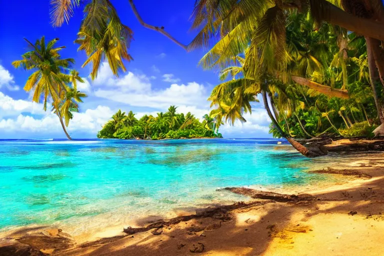 Prompt: beautiful tropical island, clear blue water, golden hour