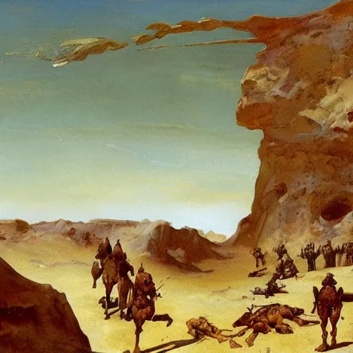 Image similar to an oil painting of a desert ground covered with some bodies of medieval soldiers, wide shot, by Frank Frazetta, by Gustave Moreau, by Georgia O Keeffe