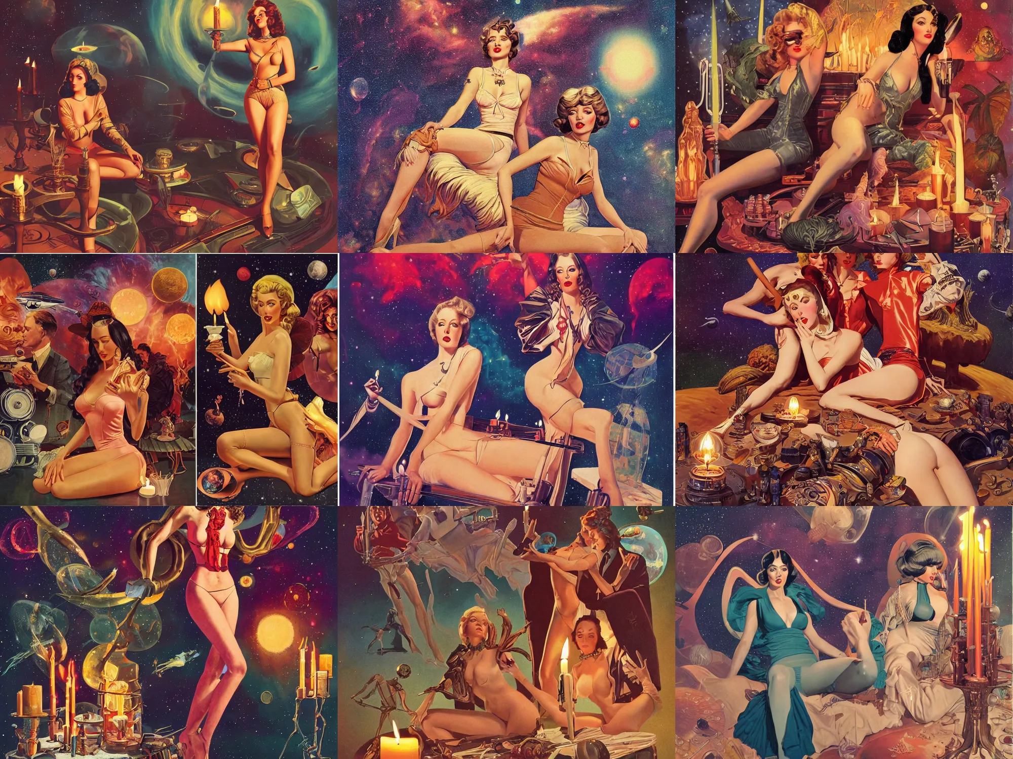 Image similar to pulp art, artwork by Joseph Leyendecker and Robert McGinnis and Alfred Henry Maurer, 3d octane blender render, Hipple and boho fashion 1970s, space and nebulas, candles, pin up girl, progressive rock album cover