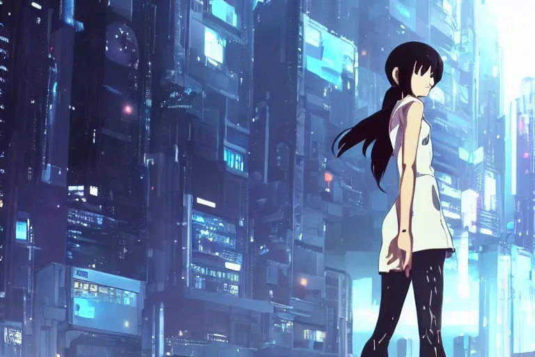 Image similar to makoto shinkai. robotic android girl. futuristic cyberpunk dystopia.