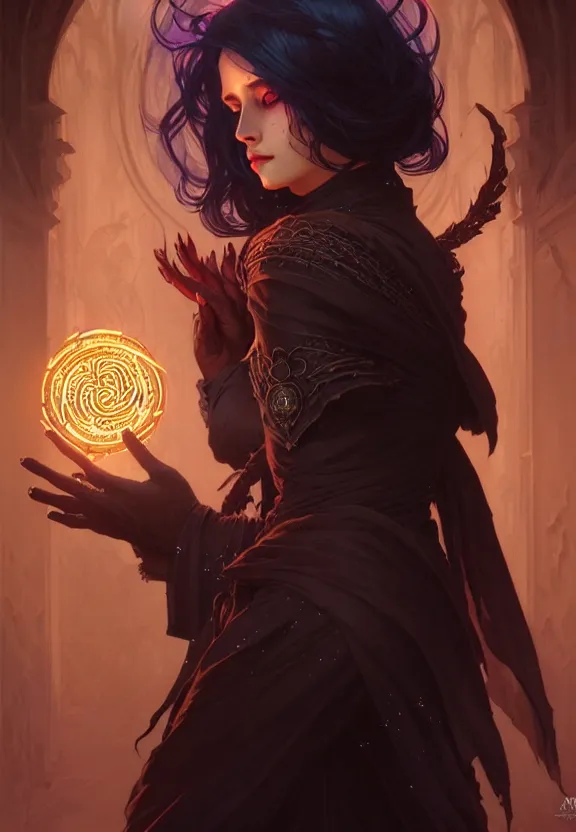 Image similar to Necromancer Sorceress in center, fantasy magic, undercut hairstyle, dark light night, intricate, elegant, sharp focus, illustration, highly detailed, digital painting, concept art, matte, art by WLOP and Artgerm and Greg Rutkowski and Alphonse Mucha, masterpiece